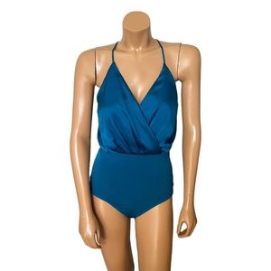 Bebe Blue Satin Bodysuit Medium